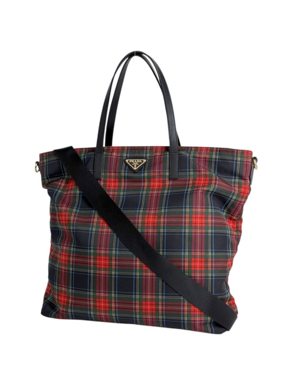 Prada Tote Plaid 2-Way Nylon Red Nero